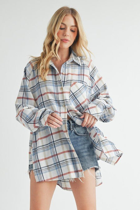 Aemi + Co Plaid Button Up Flannel Shirt with Chest Pocket - Sleekdenim.com