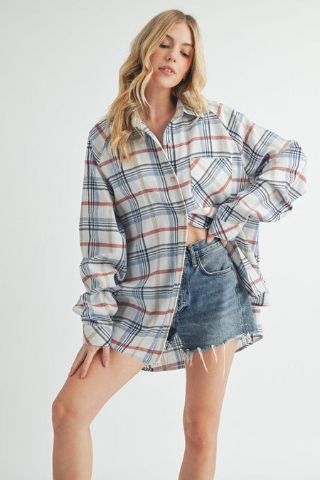 Aemi + Co Plaid Button Up Flannel Shirt with Chest Pocket - Sleekdenim.com