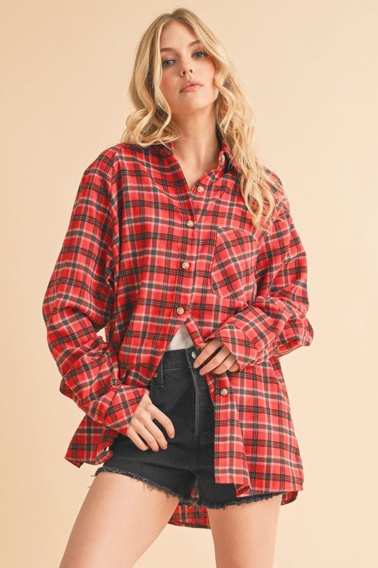 Aemi + Co Plaid Button Up Flannel Shirt with Chest Pocket - Sleekdenim.com