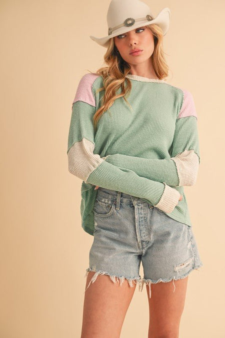 Aemi + Co Raw Seam Color Block Round Neck Knit Top - Sleekdenim.com