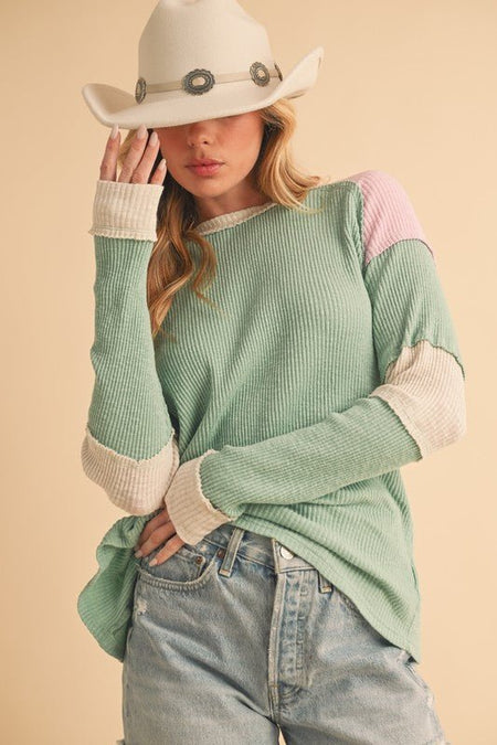 Aemi + Co Raw Seam Color Block Round Neck Knit Top - Sleekdenim.com