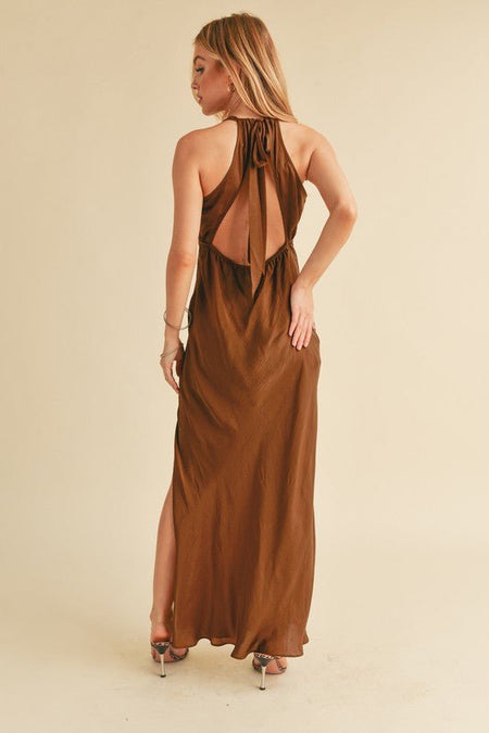 Aemi + Co Ruched Side Slit Cutout Back Maxi Cami Dress - Sleekdenim.com