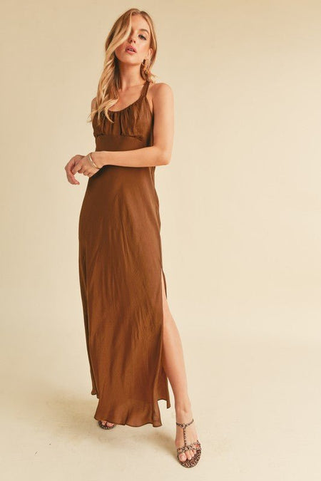 Aemi + Co Ruched Side Slit Cutout Back Maxi Cami Dress - Sleekdenim.com