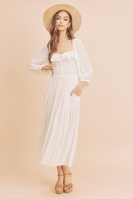 Aemi + Co Ruffled Smocked Square Neck Balloon Sleeve Dress - Sleekdenim.com