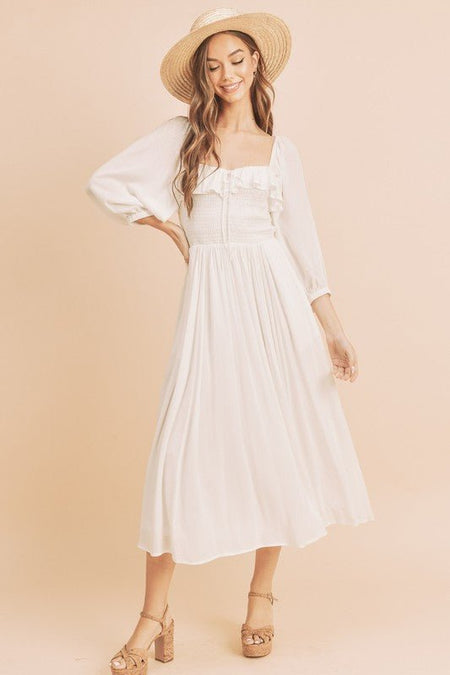 Aemi + Co Ruffled Smocked Square Neck Balloon Sleeve Dress - Sleekdenim.com