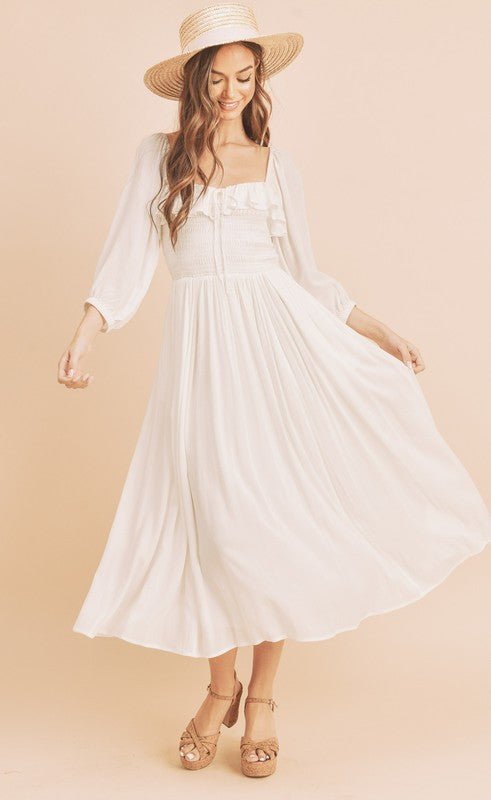 Aemi + Co Ruffled Smocked Square Neck Balloon Sleeve Dress - Sleekdenim.com