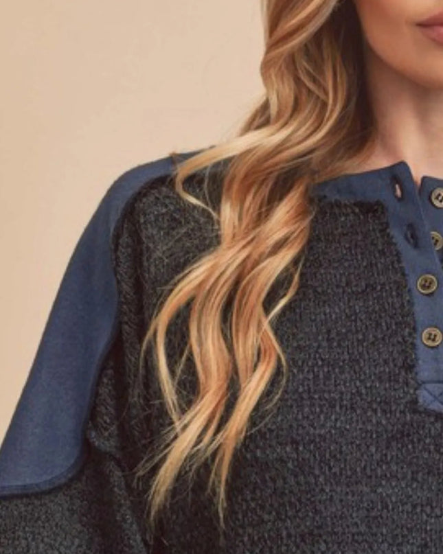 Aemi + Co Side Slit Button Detail Contrast Shoulder Sweatshirt - Sleekdenim.com