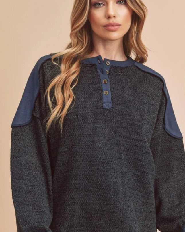Aemi + Co Side Slit Button Detail Contrast Shoulder Sweatshirt - Sleekdenim.com