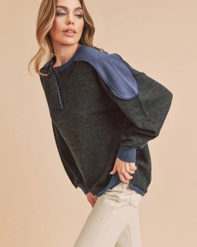 Aemi + Co Side Slit Button Detail Contrast Shoulder Sweatshirt - Sleekdenim.com