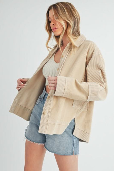 Aemi + Co Side Slit Exposed Seam Button Up Corduroy Jacket - Sleekdenim.com