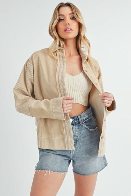 Aemi + Co Side Slit Exposed Seam Button Up Corduroy Jacket - Sleekdenim.com