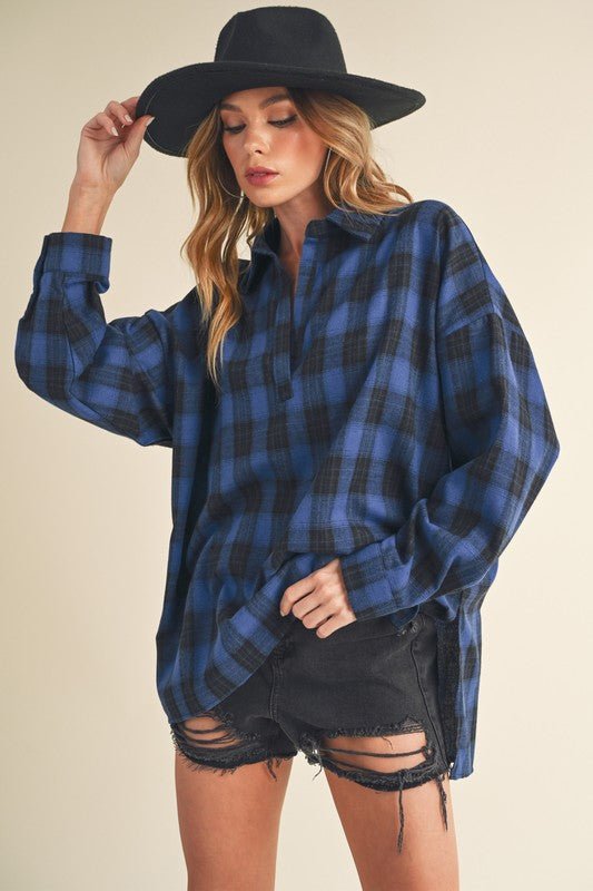 Aemi + Co Side Slit High - Low Plaid Long Sleeve Polo Shirt - Sleekdenim.com