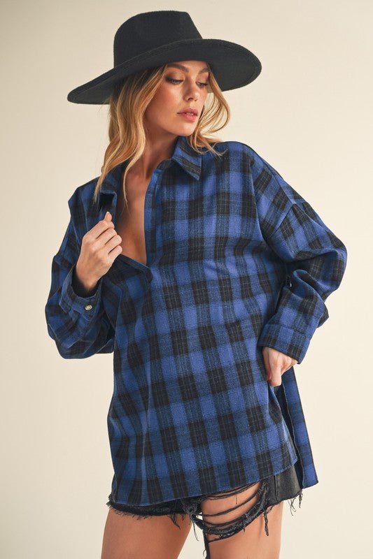 Aemi + Co Side Slit High - Low Plaid Long Sleeve Polo Shirt - Sleekdenim.com