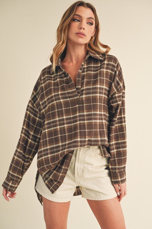 Aemi + Co Side Slit High - Low Plaid Long Sleeve Polo Shirt - Sleekdenim.com