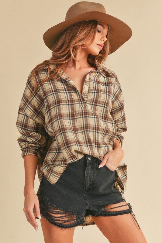 Aemi + Co Side Slit High - Low Plaid Long Sleeve Polo Shirt - Sleekdenim.com