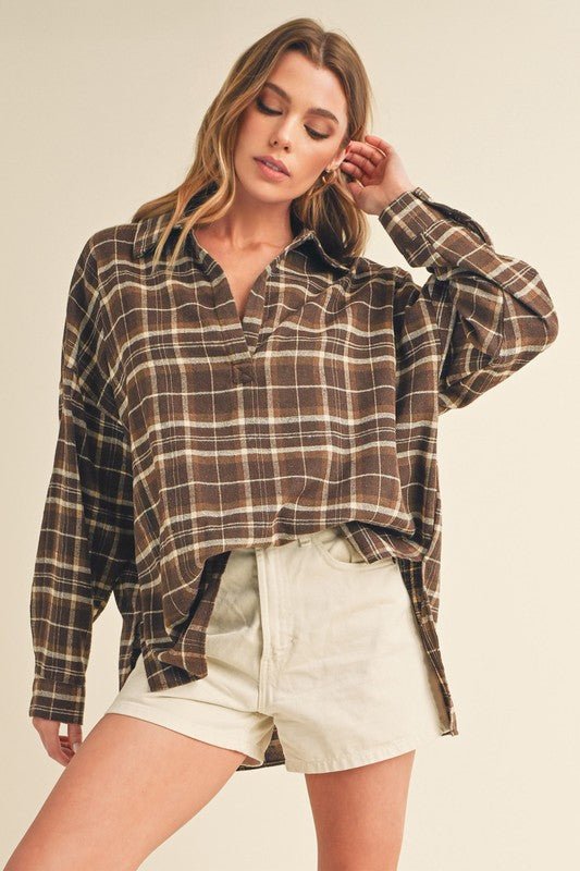 Aemi + Co Side Slit High - Low Plaid Long Sleeve Polo Shirt - Sleekdenim.com