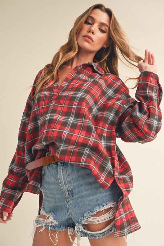 Aemi + Co Side Slit High - Low Plaid Long Sleeve Polo Shirt - Sleekdenim.com