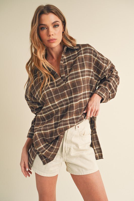 Aemi + Co Side Slit High - Low Plaid Long Sleeve Polo Shirt - Sleekdenim.com