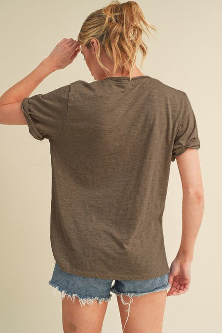 Aemi + Co Side Slit V - Neck Short Rolled Sleeve T-Shirt - Sleekdenim.com