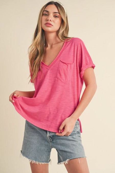 Aemi + Co Side Slit V - Neck Short Rolled Sleeve T-Shirt - Sleekdenim.com