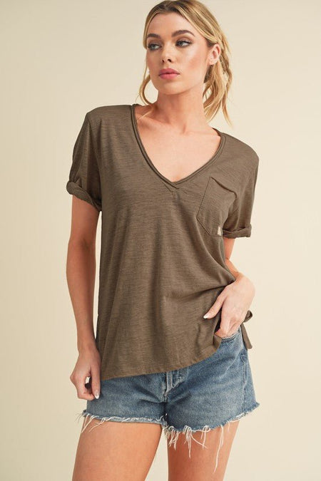 Aemi + Co Side Slit V - Neck Short Rolled Sleeve T-Shirt - Sleekdenim.com