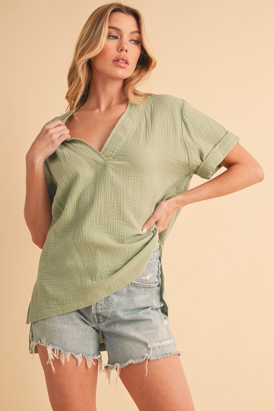 Aemi + Co Side Slit V - Neck Short Sleeve top - Sleekdenim.com