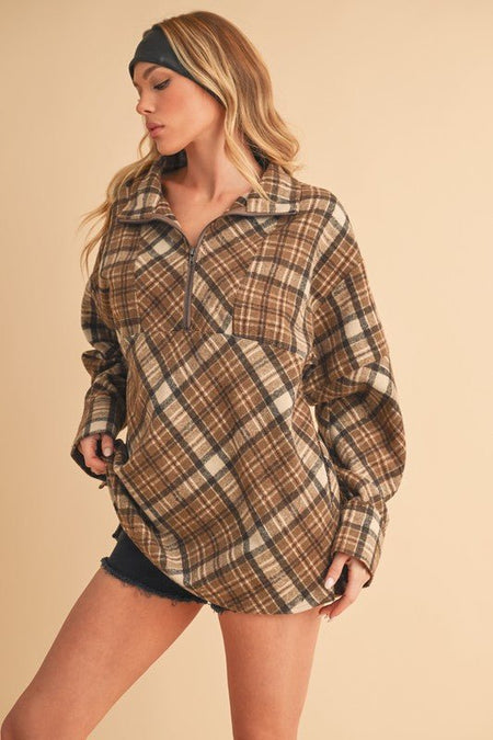 Aemi + Co Slit Plaid Half Zip Drop Shoulder Top - Sleekdenim.com