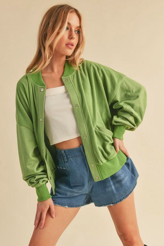 Aemi + Co Snap Down Drop Shoulder Brushed Jacket - Sleekdenim.com