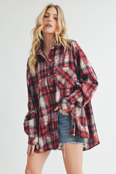 Aemi + Co Washed Plaid Button Up Raglan Sleeve Flannel Shirt - Sleekdenim.com