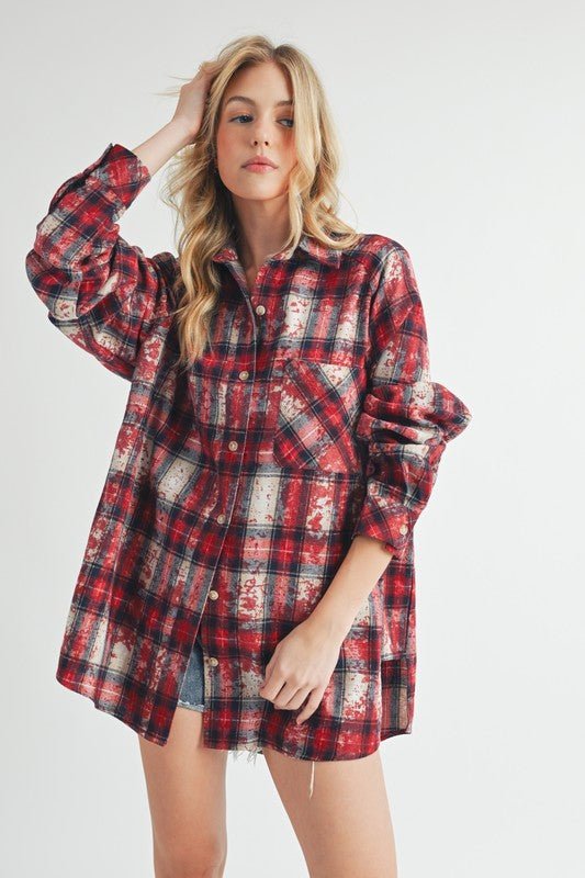 Aemi + Co Washed Plaid Button Up Raglan Sleeve Flannel Shirt - Sleekdenim.com