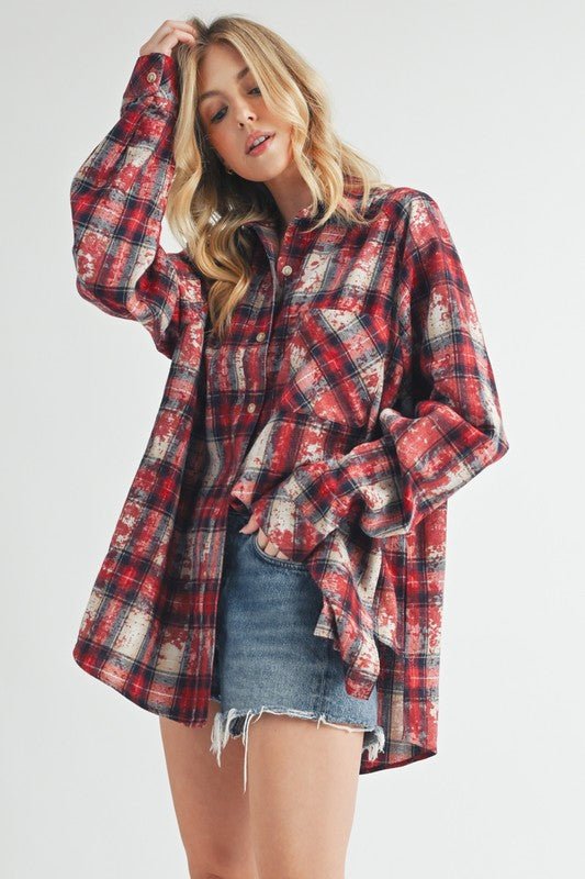 Aemi + Co Washed Plaid Button Up Raglan Sleeve Flannel Shirt - Sleekdenim.com