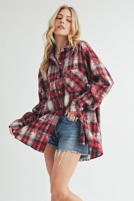 Aemi + Co Washed Plaid Button Up Raglan Sleeve Flannel Shirt - Sleekdenim.com