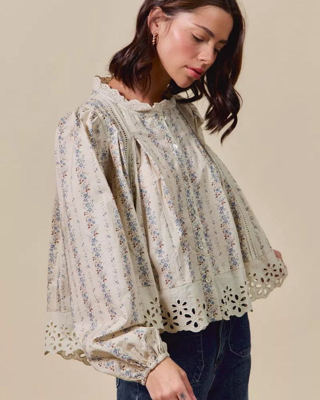 SO ME Floral Print Lace Button Down Shirt - Sleekdenim.com