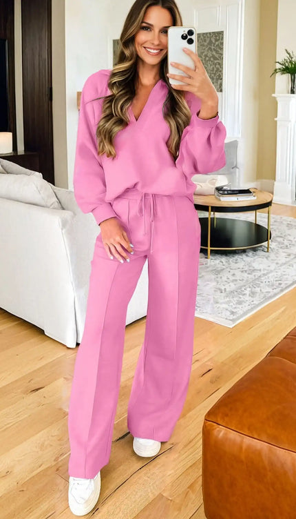 Polo Collar V Neck Pullover and Drawstring Sweatpants Set - Sleekdenim.com