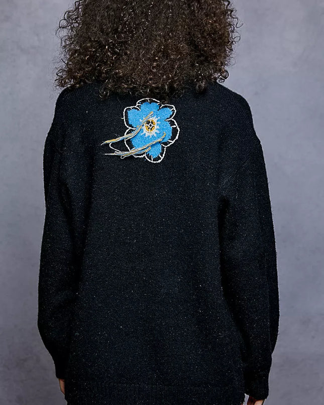 POL Floral Pattern Round Neck Sweater with Exposed Stitching - Sleekdenim.com