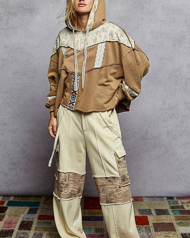 POL Drawstring French Terry Hoodie with Gauze Print Patch - Sleekdenim.com