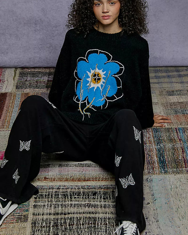 POL Floral Pattern Round Neck Sweater with Exposed Stitching - Sleekdenim.com