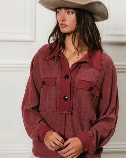 BiBi Cp French Terry Cut Edge Detail Collared Top - Sleekdenim.com