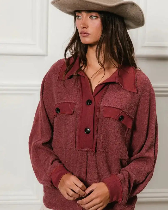 BiBi Cp French Terry Cut Edge Detail Collared Top - Sleekdenim.com