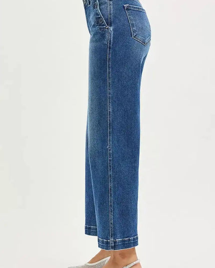 RISEN High Rise Wide Leg Jeans With Pocket Button Detail - Sleekdenim.com