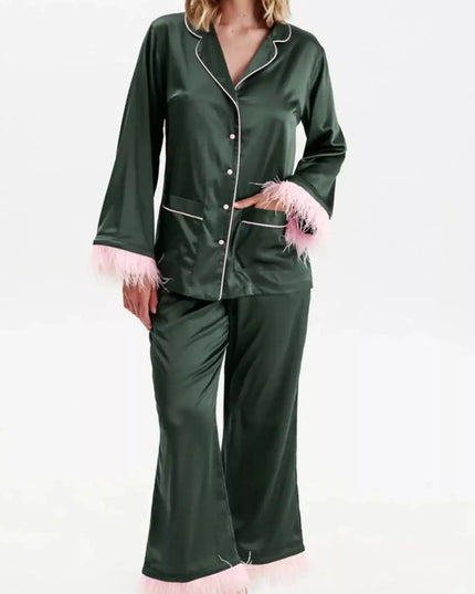 Silky Button Up Top and Pants Lounge Set - Sleekdenim.com