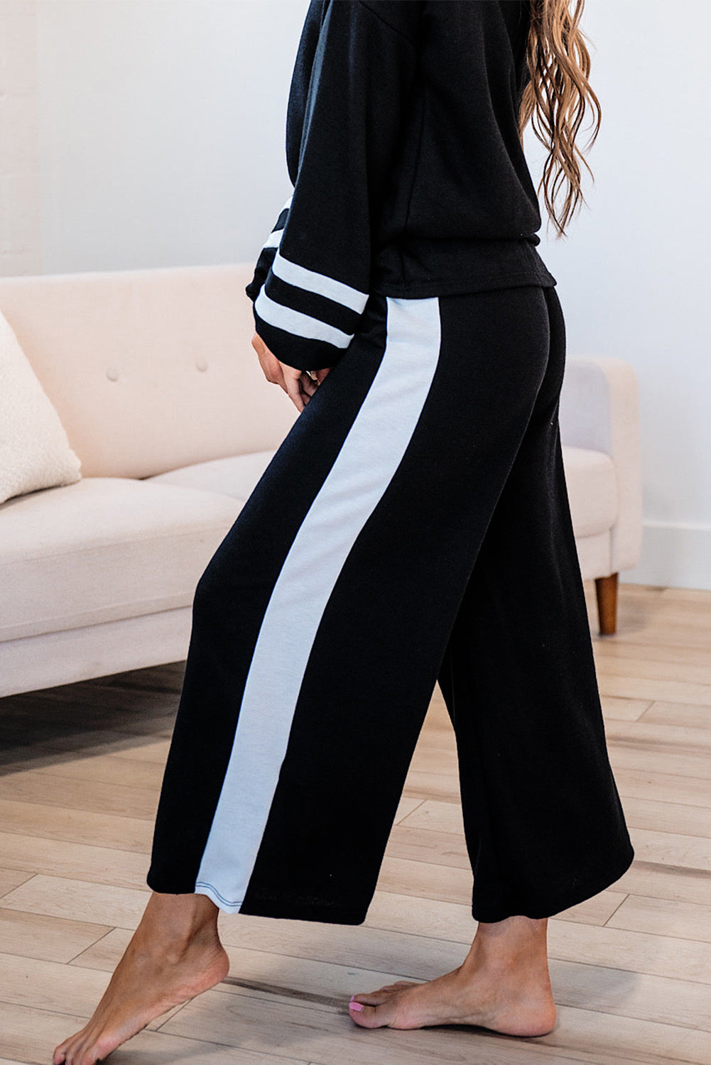 Chestnut Varsity Stripe Patchwork Puff Sleeve Pullover Drawstring Wide Leg Pant Set