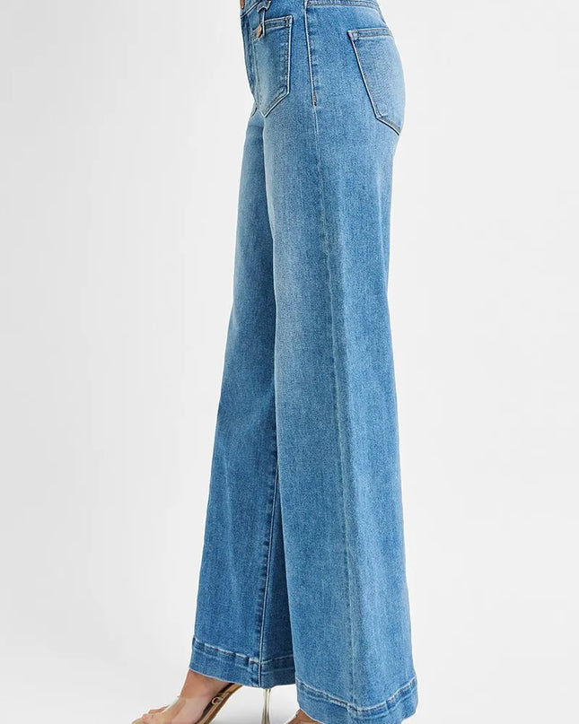 RISEN Full Size Mid Rise Wide Front Patch Pocket Jeans Plus Size - Sleekdenim.com