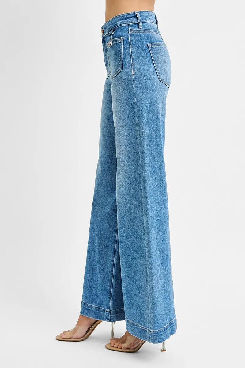 RISEN Full Size Mid Rise Wide Front Patch Pocket Jeans Plus Size - Sleekdenim.com