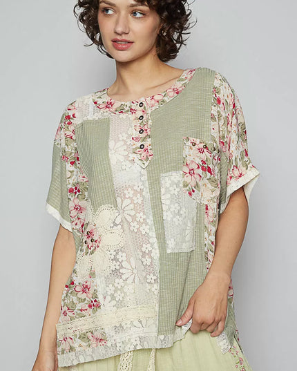 POL Lace Round Neck Short Sleeve Floral Pattern Top with Patch Detail - Sleekdenim.com
