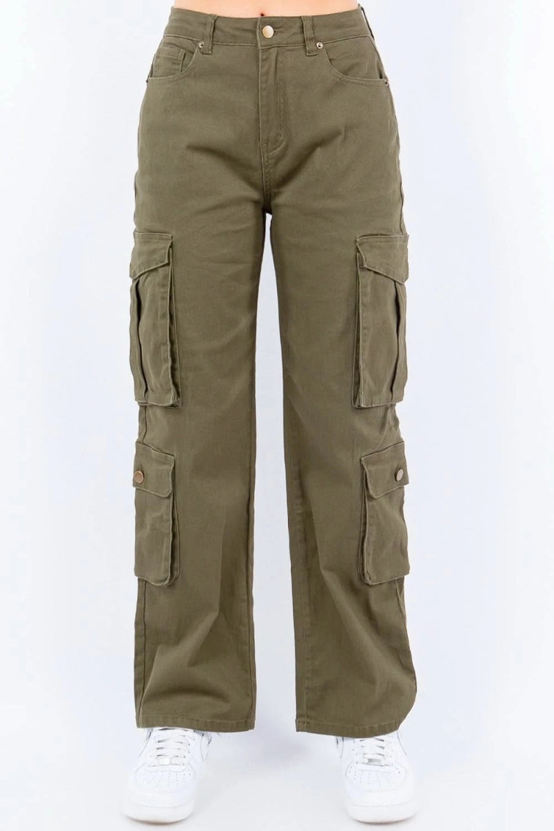 American Bazi Full Size Button Waist High Rise Cargo Pants Plus Size - Sleekdenim.com