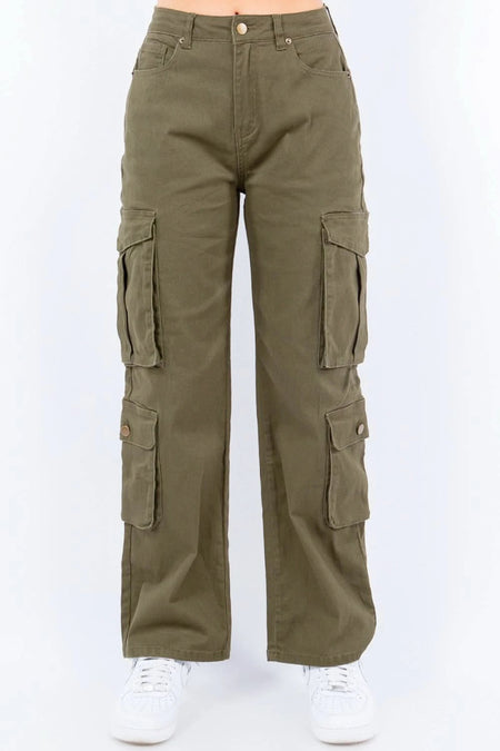 American Bazi Full Size Button Waist High Rise Cargo Pants Plus Size - Sleekdenim.com