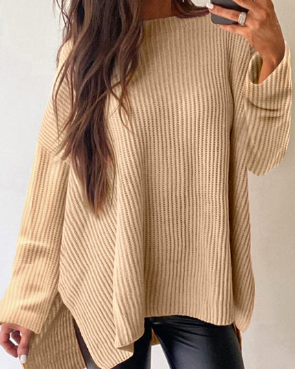 Apricot Plain Side Slits Oversized Sweater - Sleekdenim.com