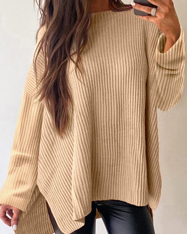 Apricot Plain Side Slits Oversized Sweater - Sleekdenim.com