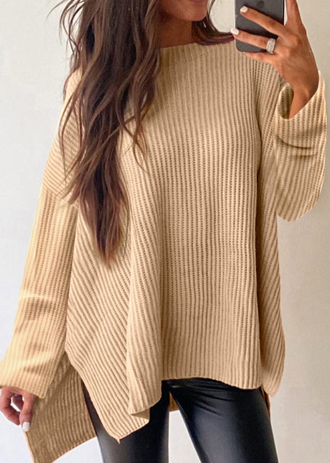 Apricot Plain Side Slits Oversized Sweater - Sleekdenim.com